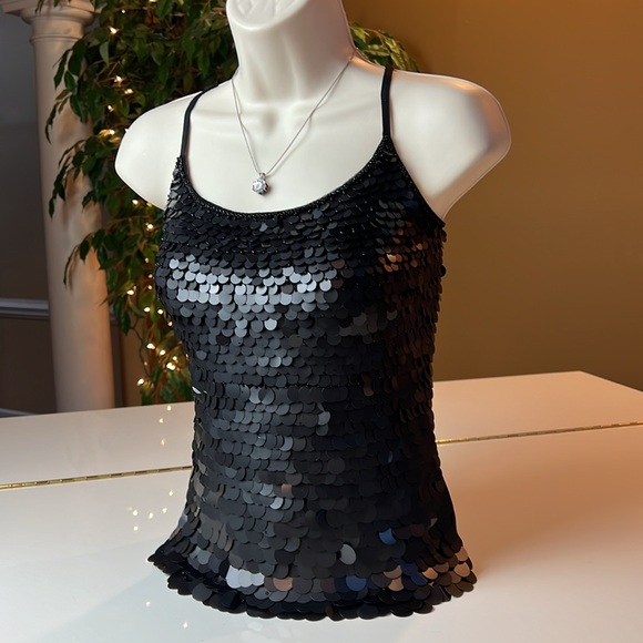 🖤SHE’S BLACK LARGE SEQUIN & BEADS ADJUSTABLE SPAGHETTI STRAP SPARKLY TOP SMALL - Picture 2 of 16